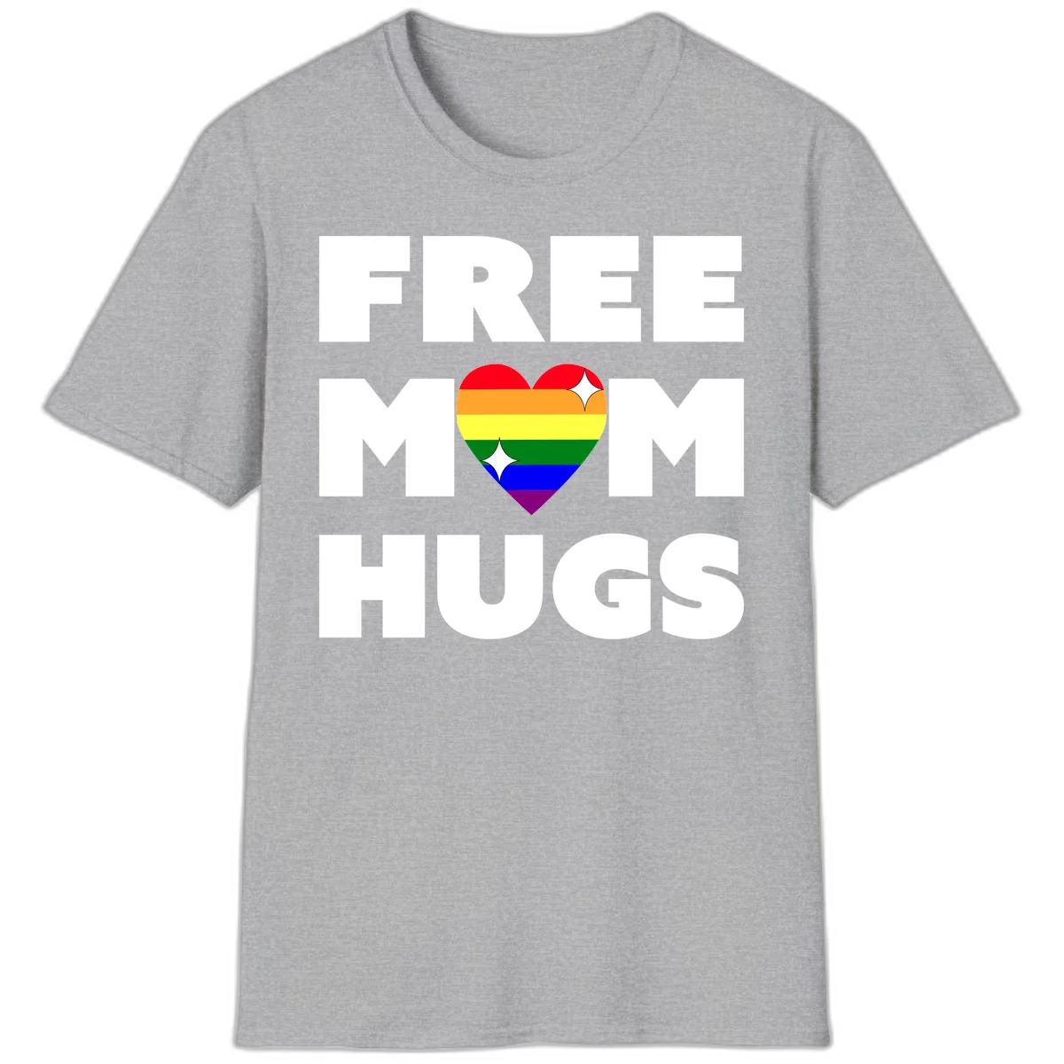 Free Mom Hugs design with rainbow pride heart featuring red, orange, yellow, green, blue, and purple stripes with white sparkles in Sport Grey