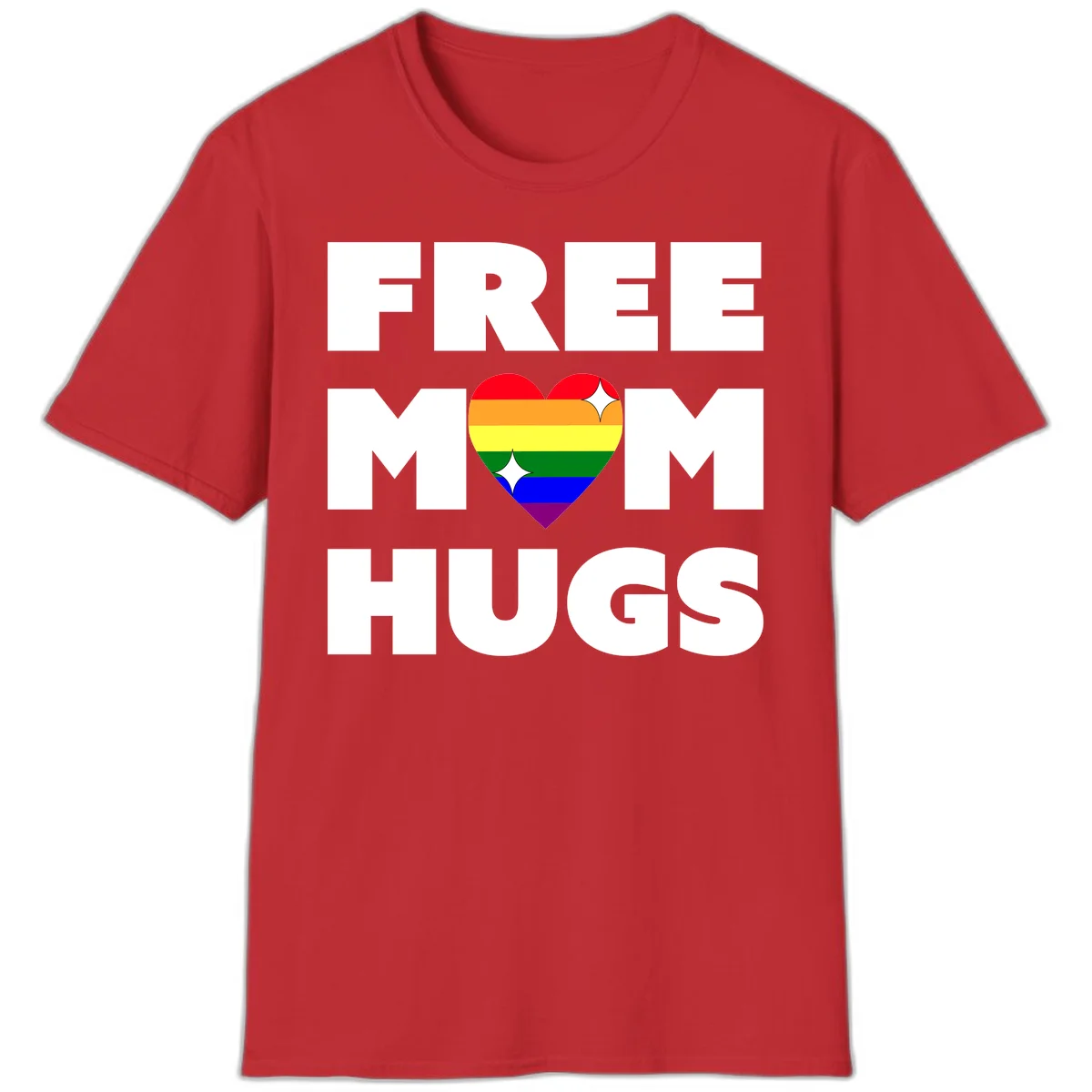 Free Mom Hugs design with rainbow pride heart featuring red, orange, yellow, green, blue, and purple stripes with white sparkles in Red