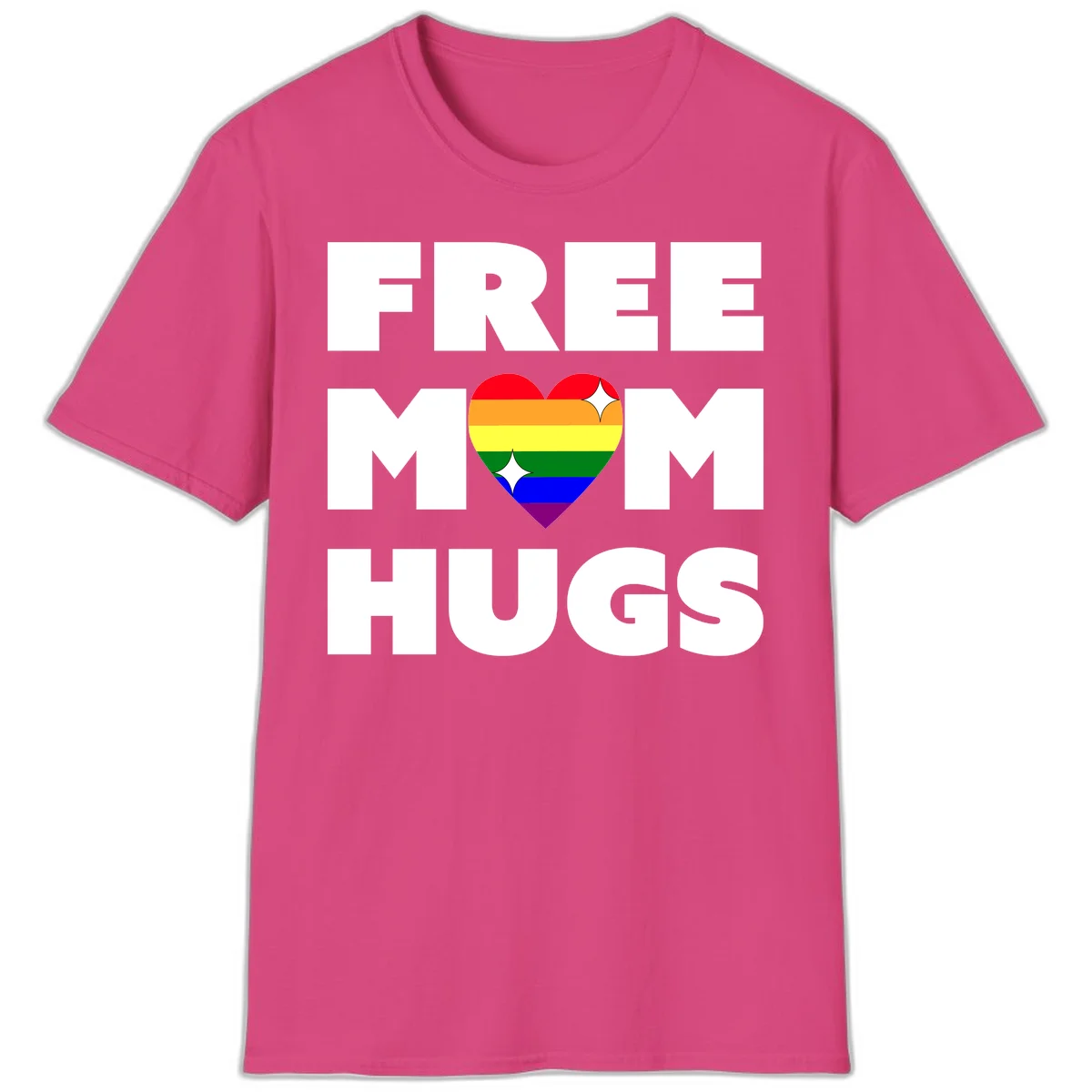 Free Mom Hugs design with rainbow pride heart featuring red, orange, yellow, green, blue, and purple stripes with white sparkles in Heliconia