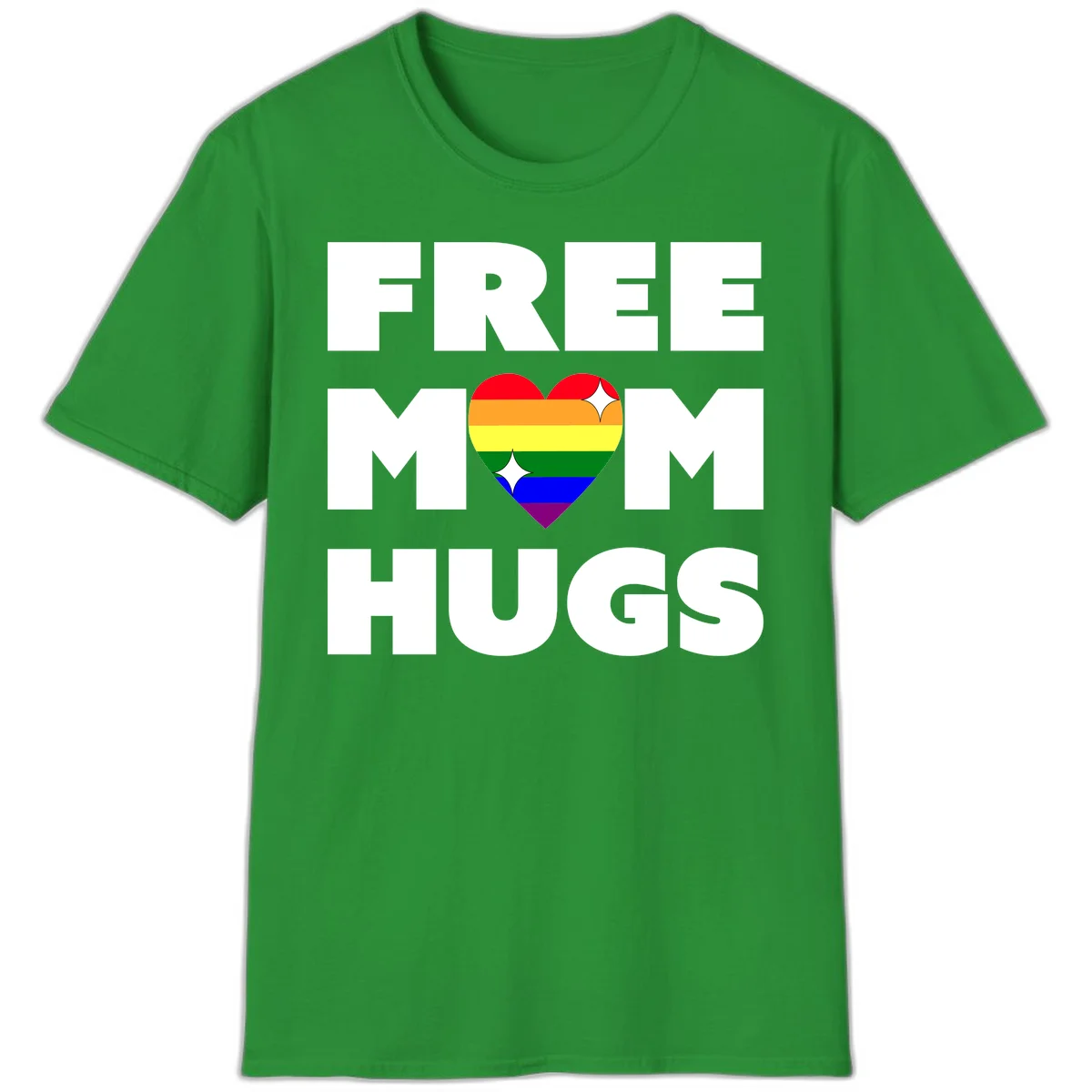 Free Mom Hugs design with rainbow pride heart featuring red, orange, yellow, green, blue, and purple stripes with white sparkles in Irish Green
