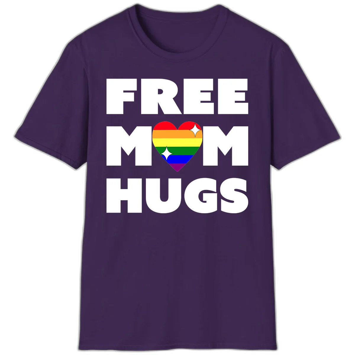 Free Mom Hugs design with rainbow pride heart featuring red, orange, yellow, green, blue, and purple stripes with white sparkles in Purple