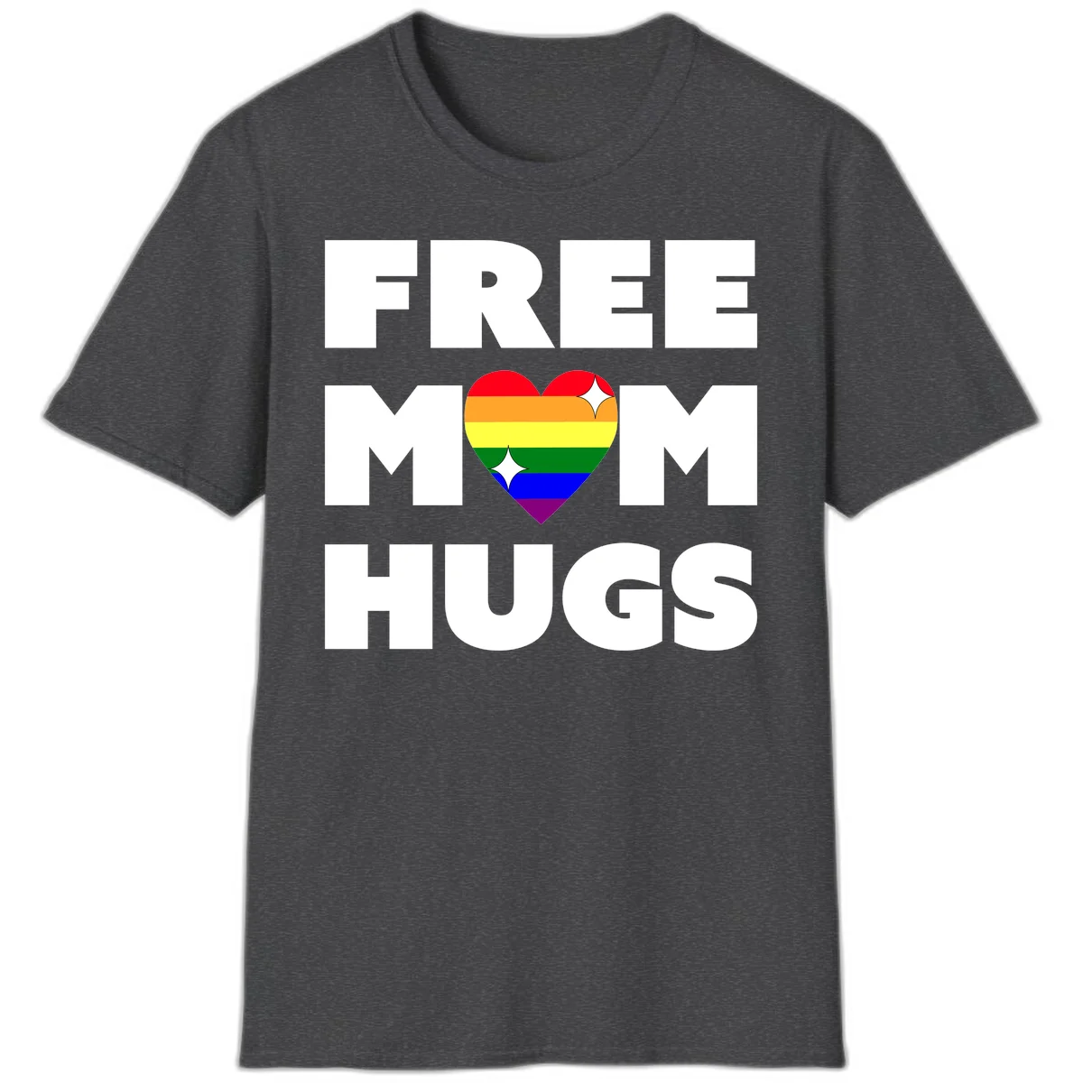 Free Mom Hugs design with rainbow pride heart featuring red, orange, yellow, green, blue, and purple stripes with white sparkles in Dark Heather