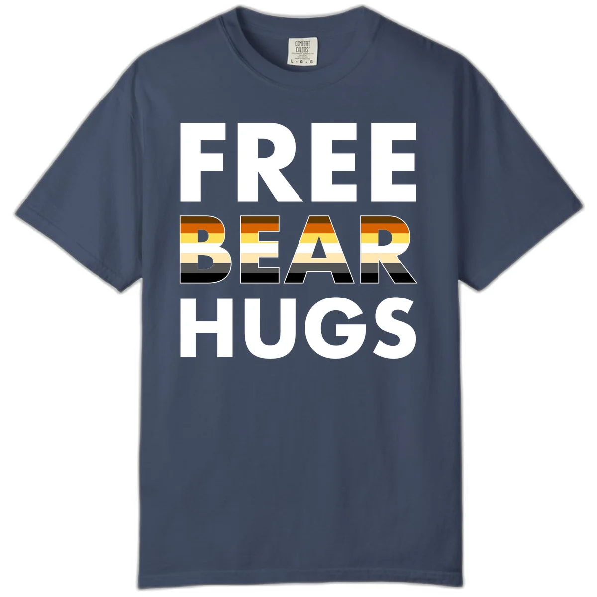 Free Bear Hugs design with bear flag stripes in brown, orange, yellow, tan and black colors featuring pride triangle symbol in Midnight
