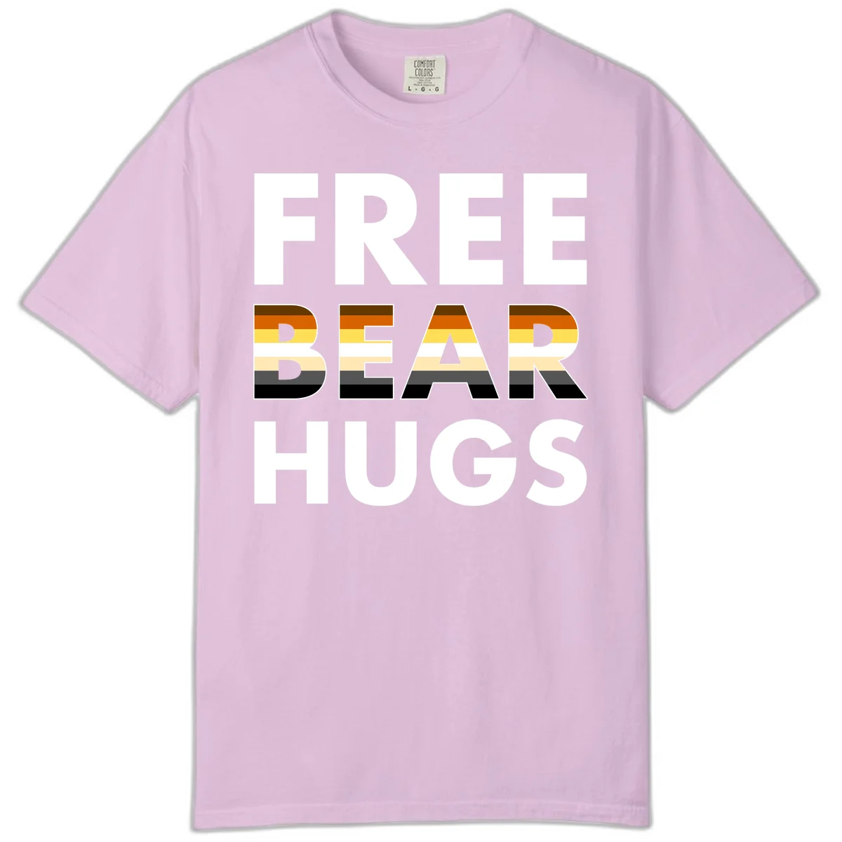 Free Bear Hugs design with bear flag stripes in brown, orange, yellow, tan and black colors featuring pride triangle symbol in Orchid