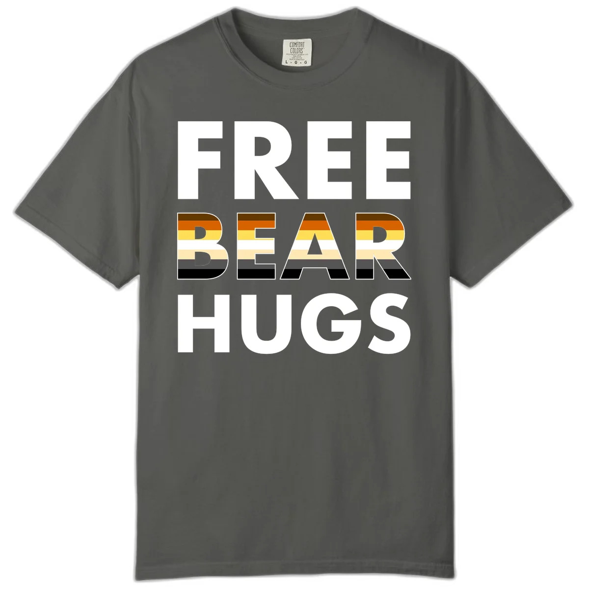 Free Bear Hugs design with bear flag stripes in brown, orange, yellow, tan and black colors featuring pride triangle symbol in Pepper