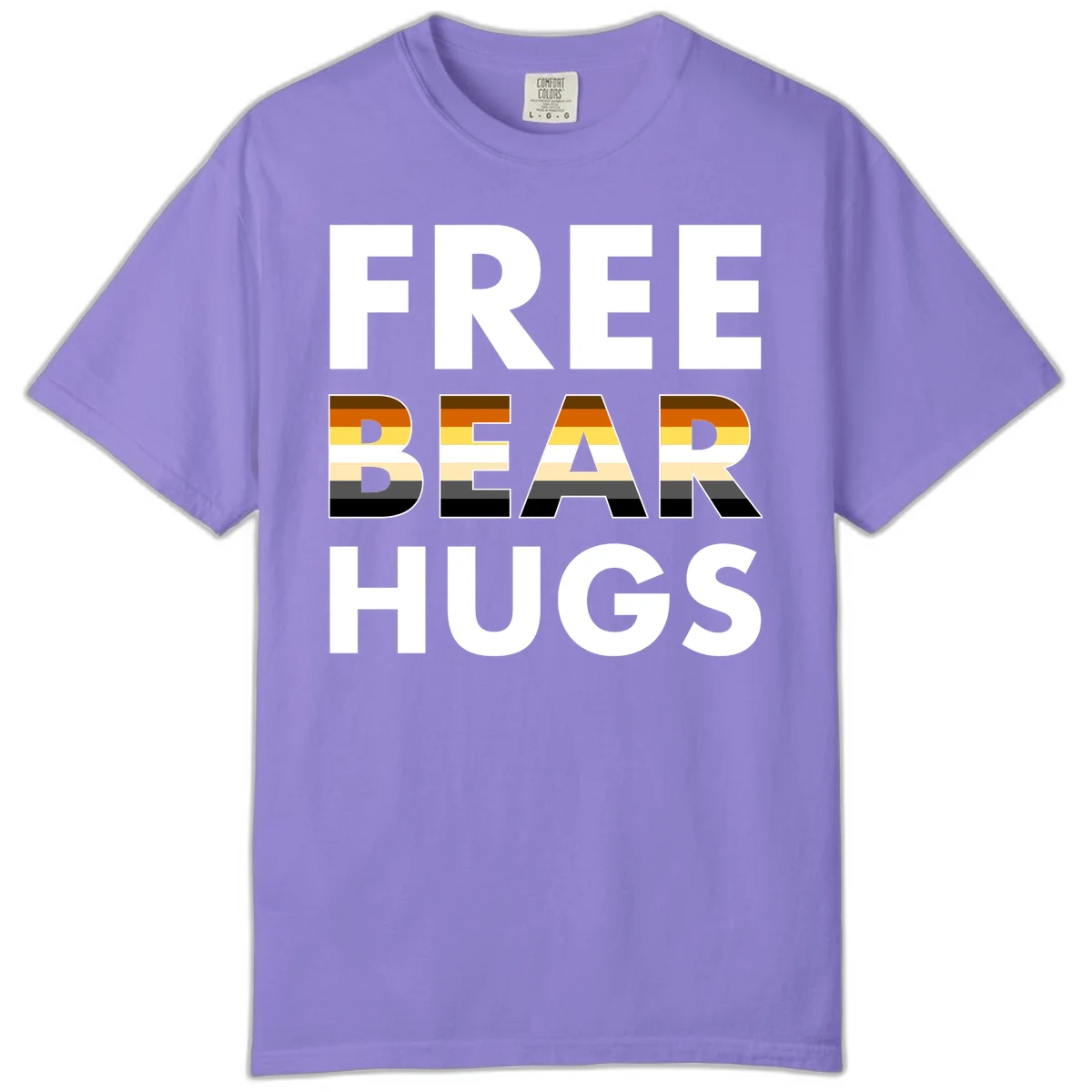 Free Bear Hugs design with bear flag stripes in brown, orange, yellow, tan and black colors featuring pride triangle symbol in Violet
