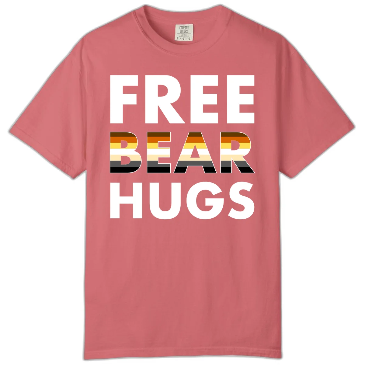 Free Bear Hugs design with bear flag stripes in brown, orange, yellow, tan and black colors featuring pride triangle symbol in Watermelon