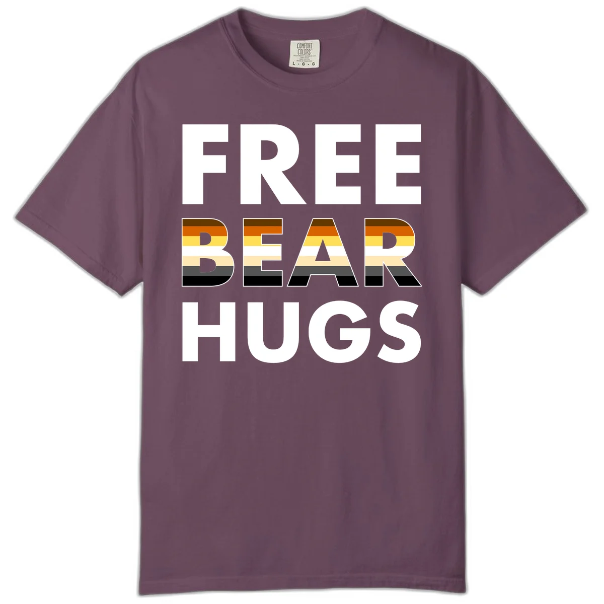 Free Bear Hugs design with bear flag stripes in brown, orange, yellow, tan and black colors featuring pride triangle symbol in Berry