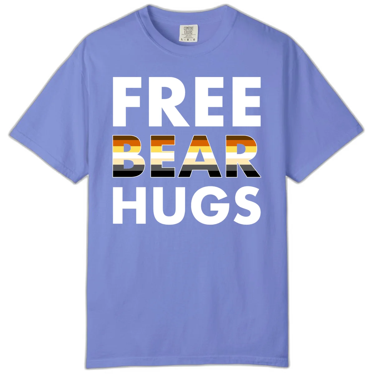 Free Bear Hugs design with bear flag stripes in brown, orange, yellow, tan and black colors featuring pride triangle symbol in Flo Blue