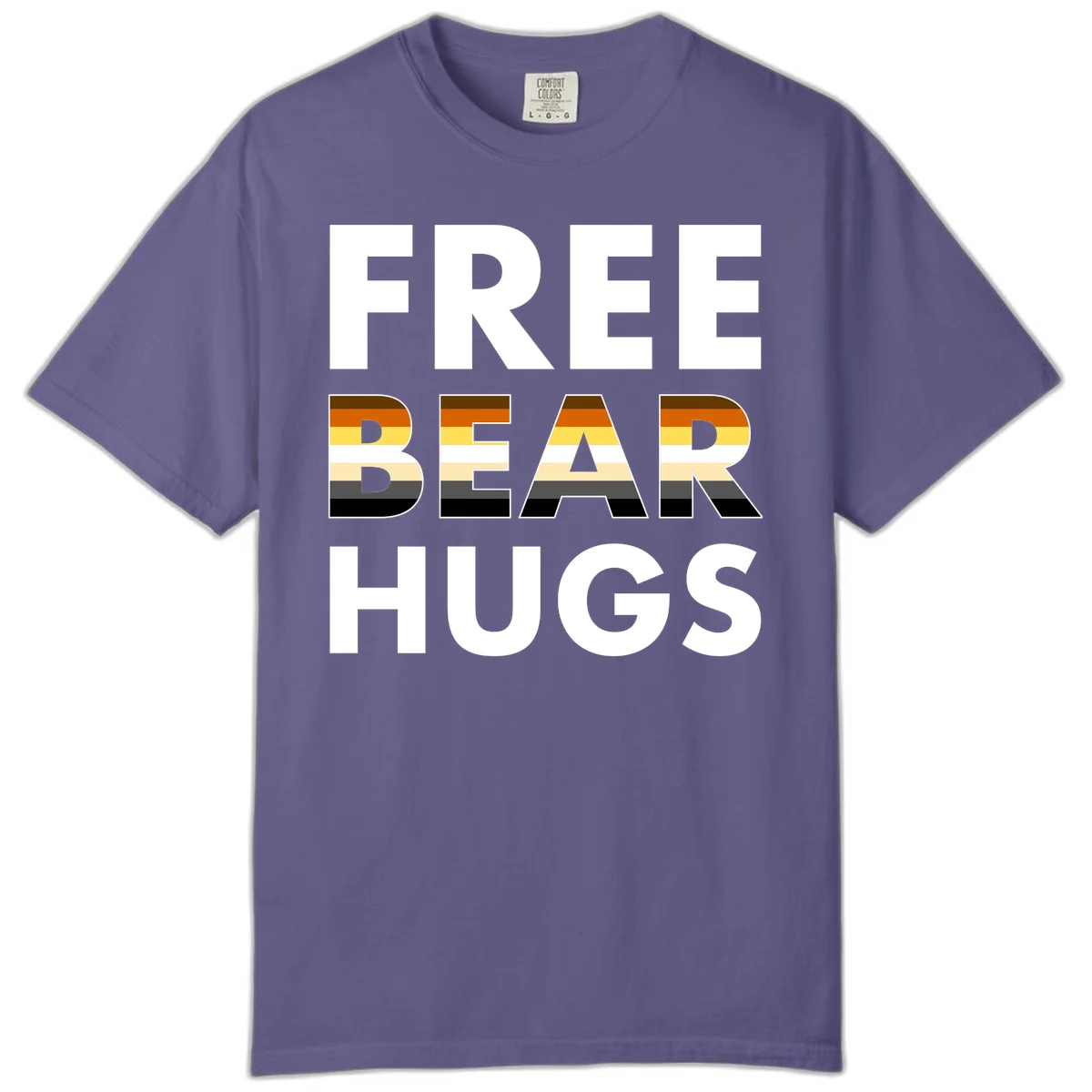 Free Bear Hugs design with bear flag stripes in brown, orange, yellow, tan and black colors featuring pride triangle symbol in Grape