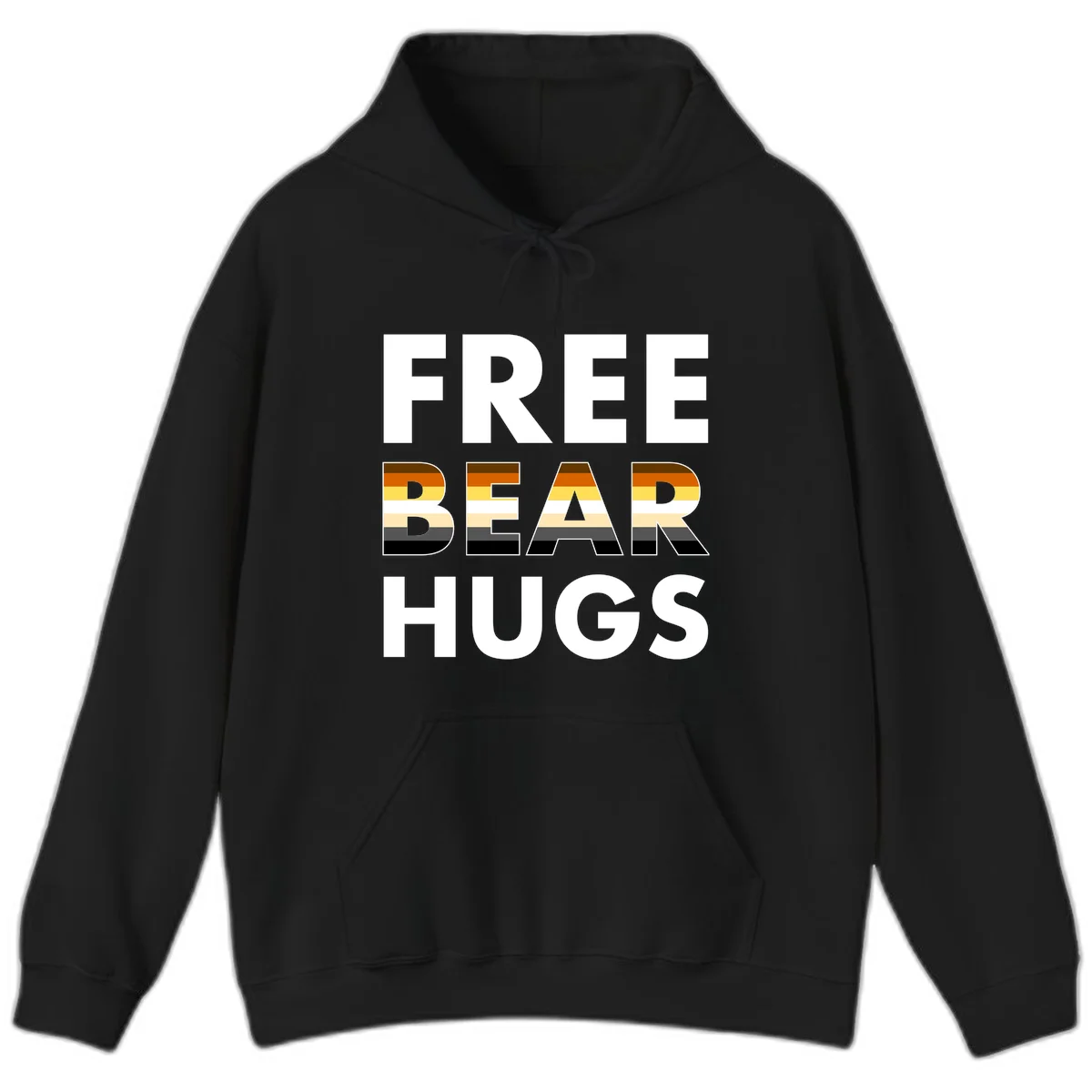 Free Bear Hugs design with bear flag stripes in brown, orange, yellow, tan and black colors featuring pride triangle symbol in Black