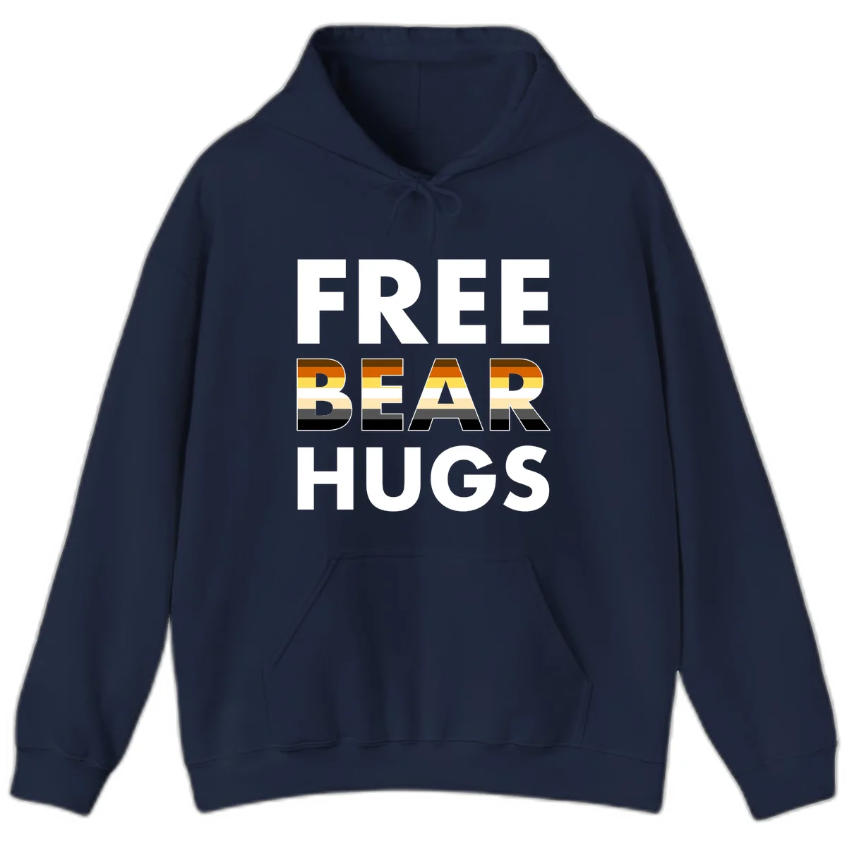 Free Bear Hugs design with bear flag stripes in brown, orange, yellow, tan and black colors featuring pride triangle symbol in Navy