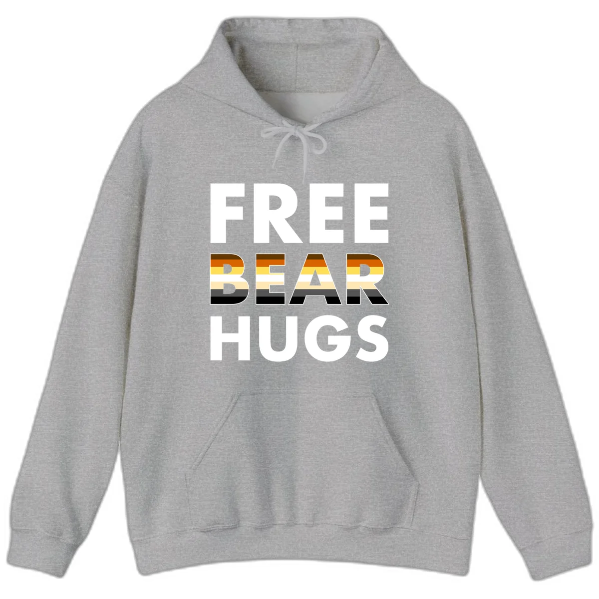 Free Bear Hugs design with bear flag stripes in brown, orange, yellow, tan and black colors featuring pride triangle symbol in Sport Grey