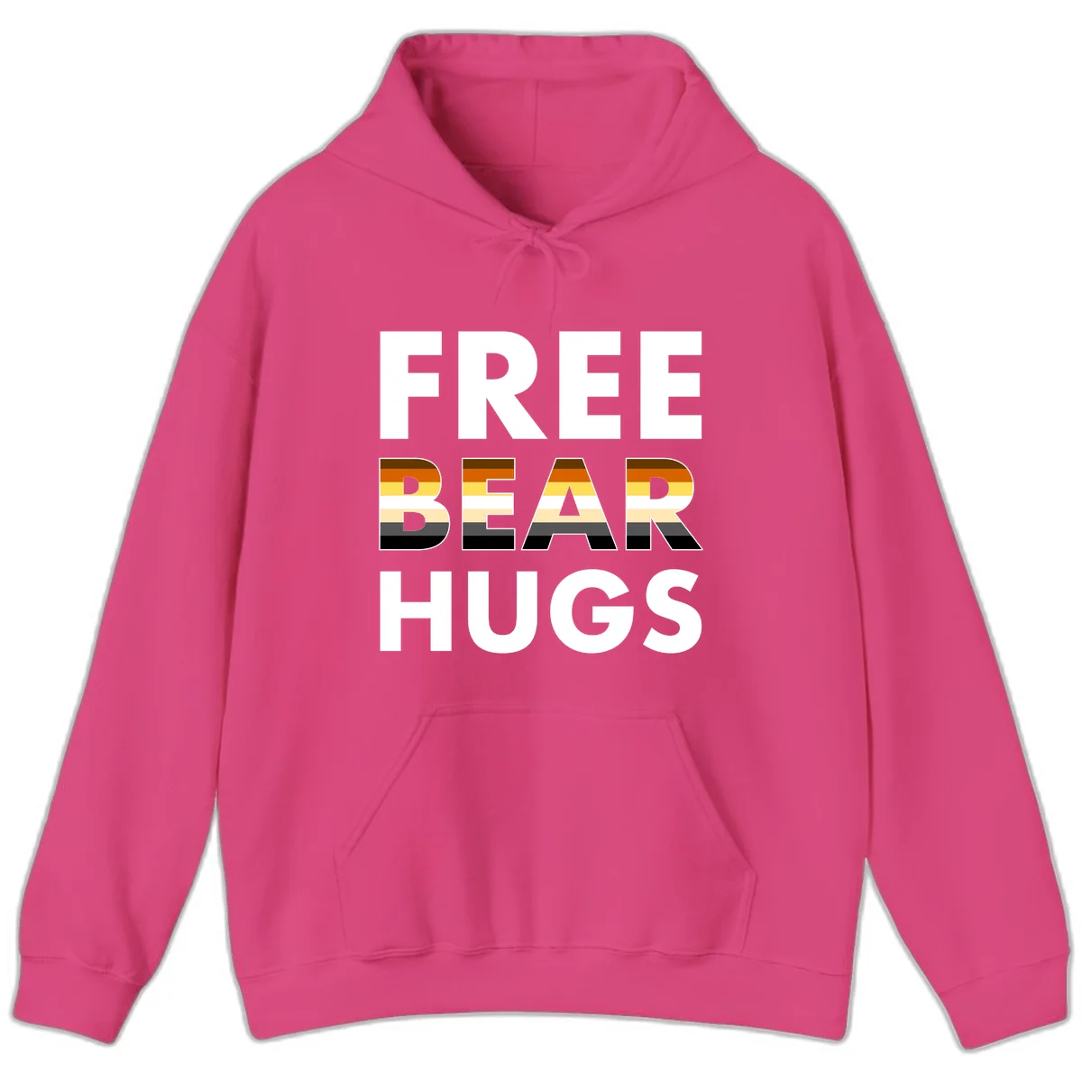 Free Bear Hugs design with bear flag stripes in brown, orange, yellow, tan and black colors featuring pride triangle symbol in Heliconia