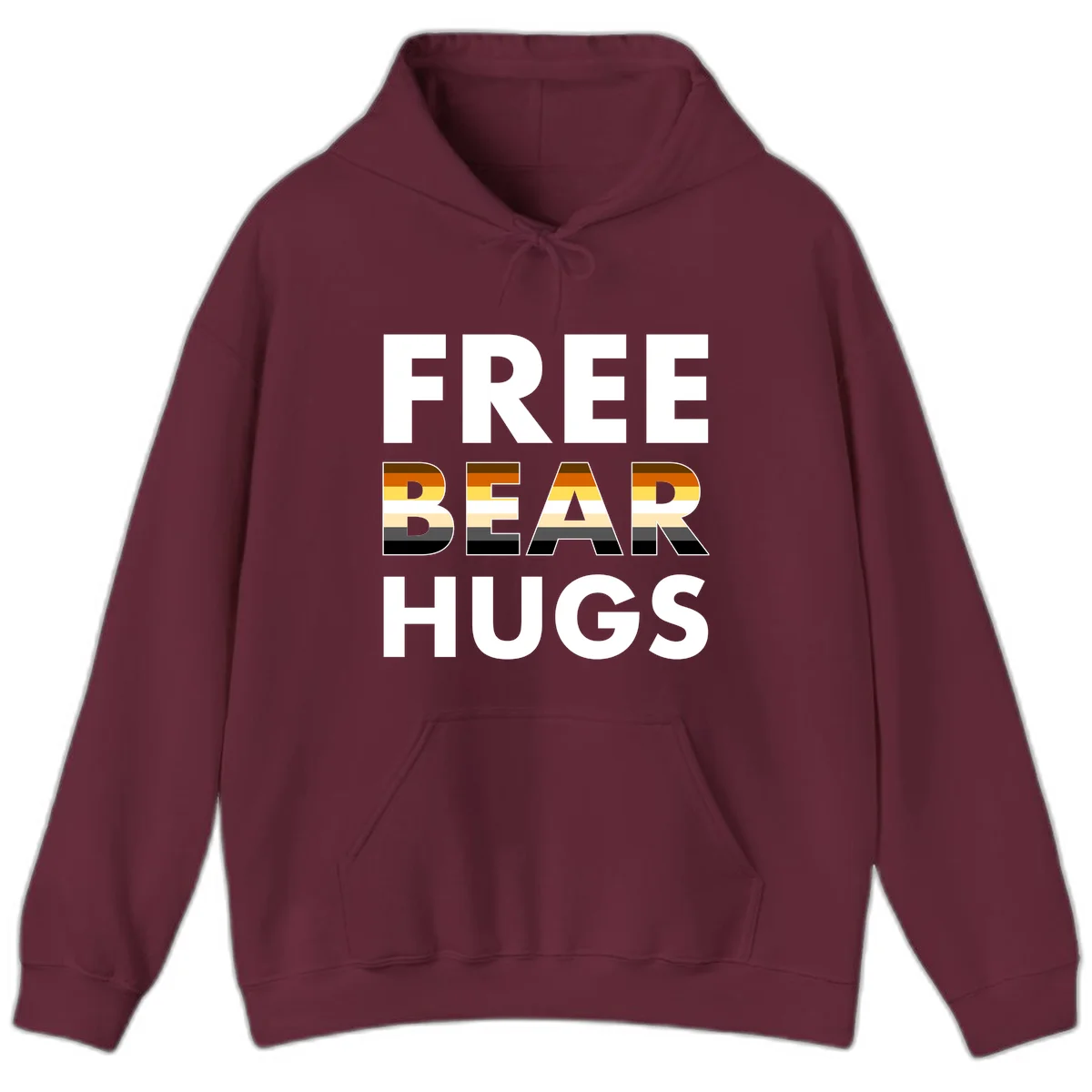 Free Bear Hugs design with bear flag stripes in brown, orange, yellow, tan and black colors featuring pride triangle symbol in Maroon