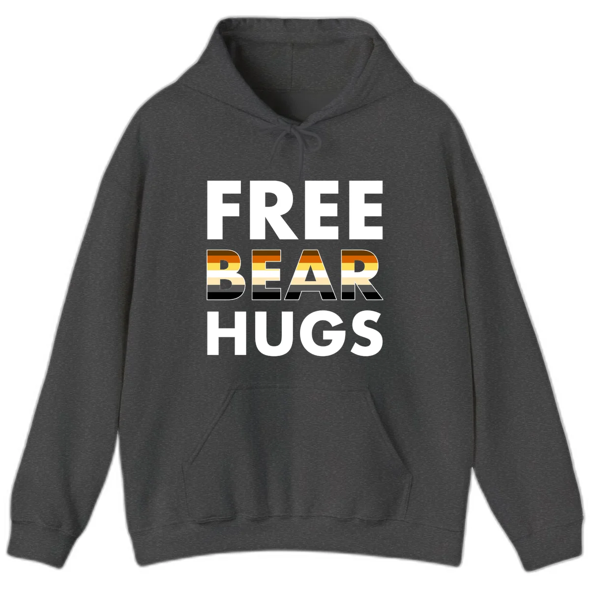 Free Bear Hugs design with bear flag stripes in brown, orange, yellow, tan and black colors featuring pride triangle symbol in Dark Heather