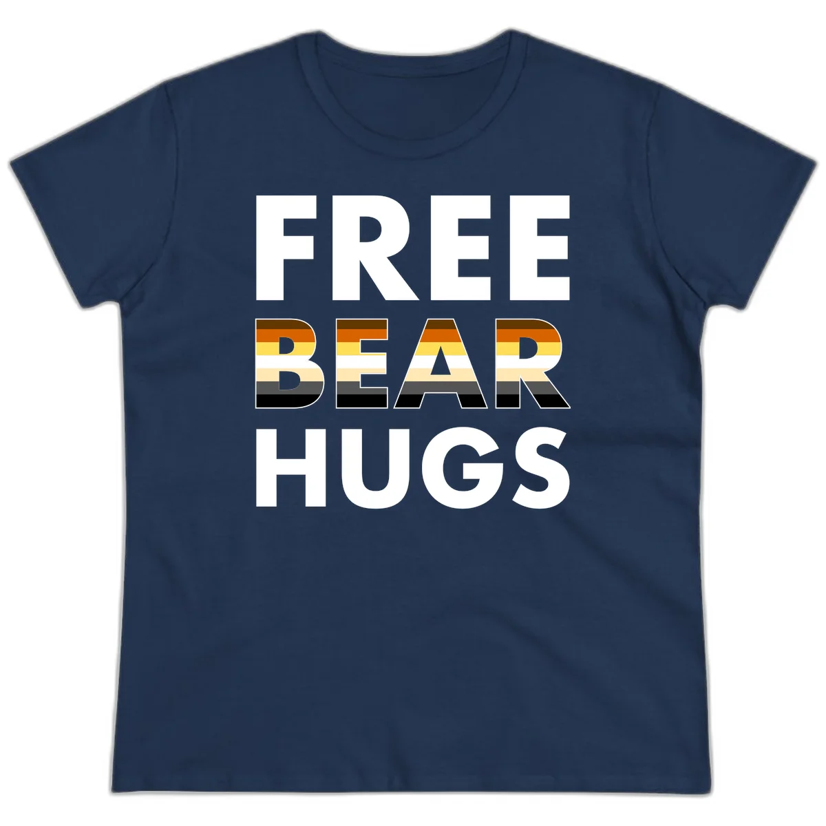 Free Bear Hugs design with bear flag stripes in brown, orange, yellow, tan and black colors featuring pride triangle symbol in Navy
