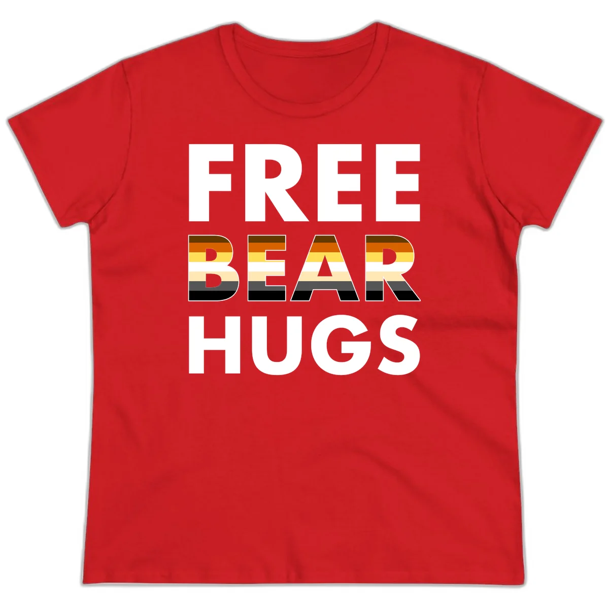 Free Bear Hugs design with bear flag stripes in brown, orange, yellow, tan and black colors featuring pride triangle symbol in Red