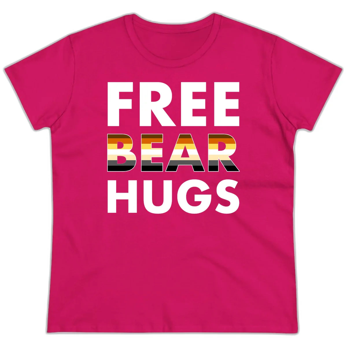 Free Bear Hugs design with bear flag stripes in brown, orange, yellow, tan and black colors featuring pride triangle symbol in Heliconia