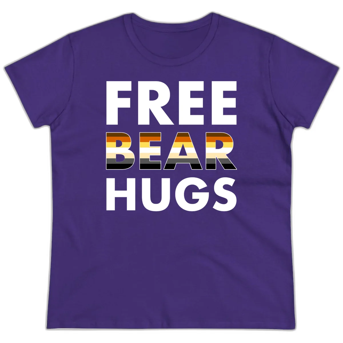 Free Bear Hugs design with bear flag stripes in brown, orange, yellow, tan and black colors featuring pride triangle symbol in Purple
