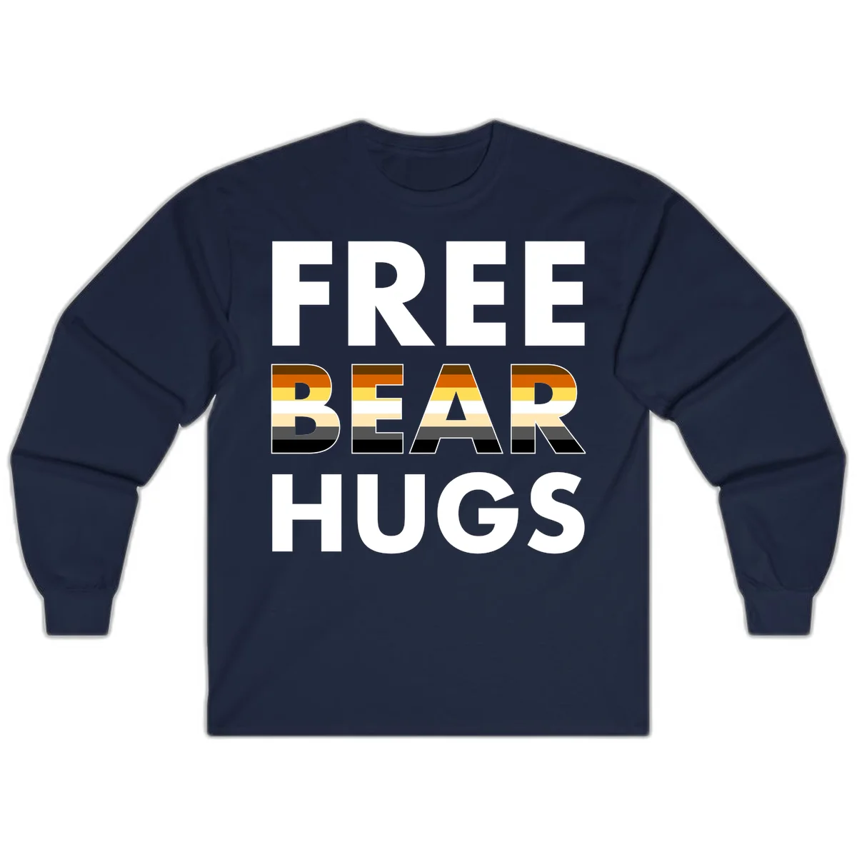 Free Bear Hugs design with bear flag stripes in brown, orange, yellow, tan and black colors featuring pride triangle symbol in Navy