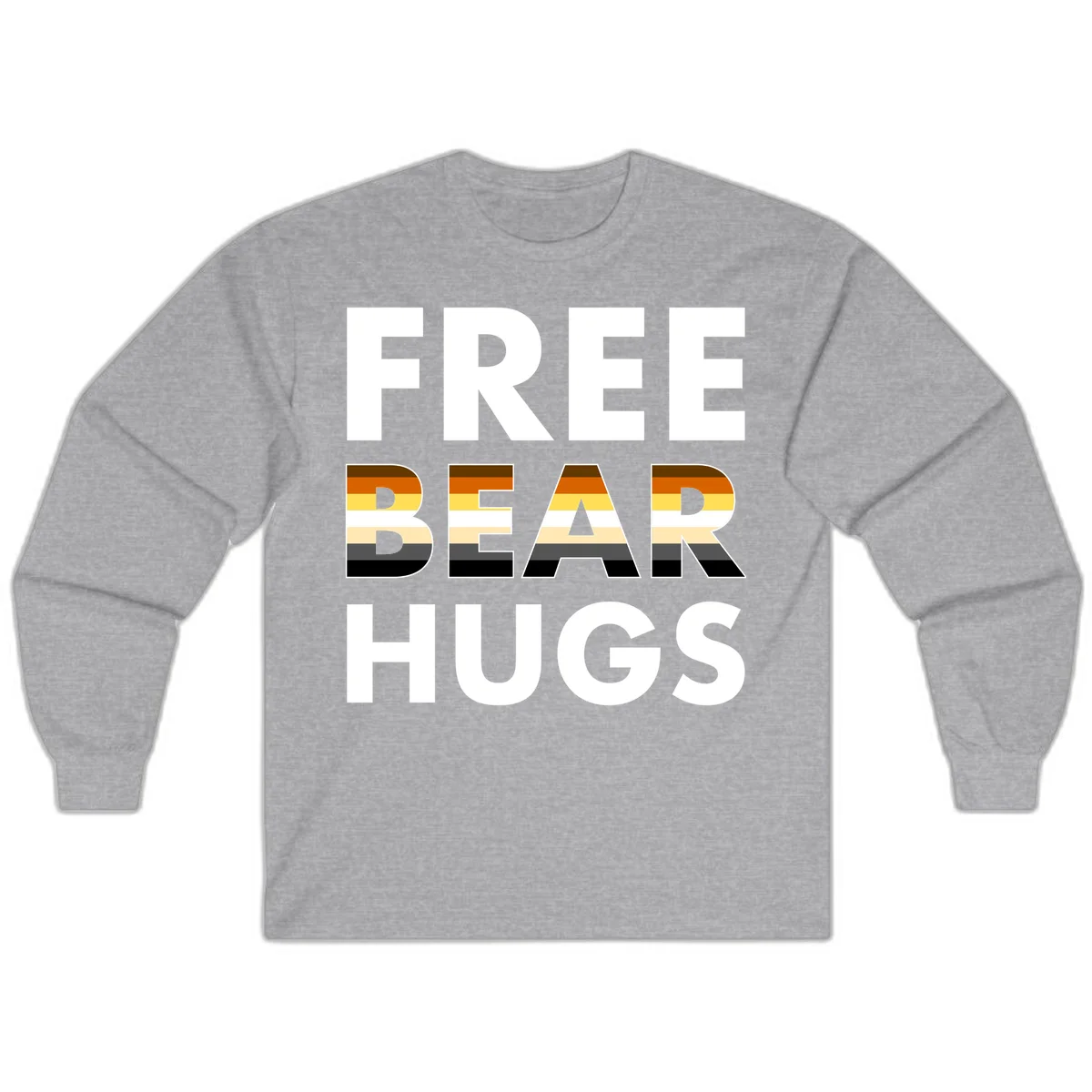 Free Bear Hugs design with bear flag stripes in brown, orange, yellow, tan and black colors featuring pride triangle symbol in Sport Grey