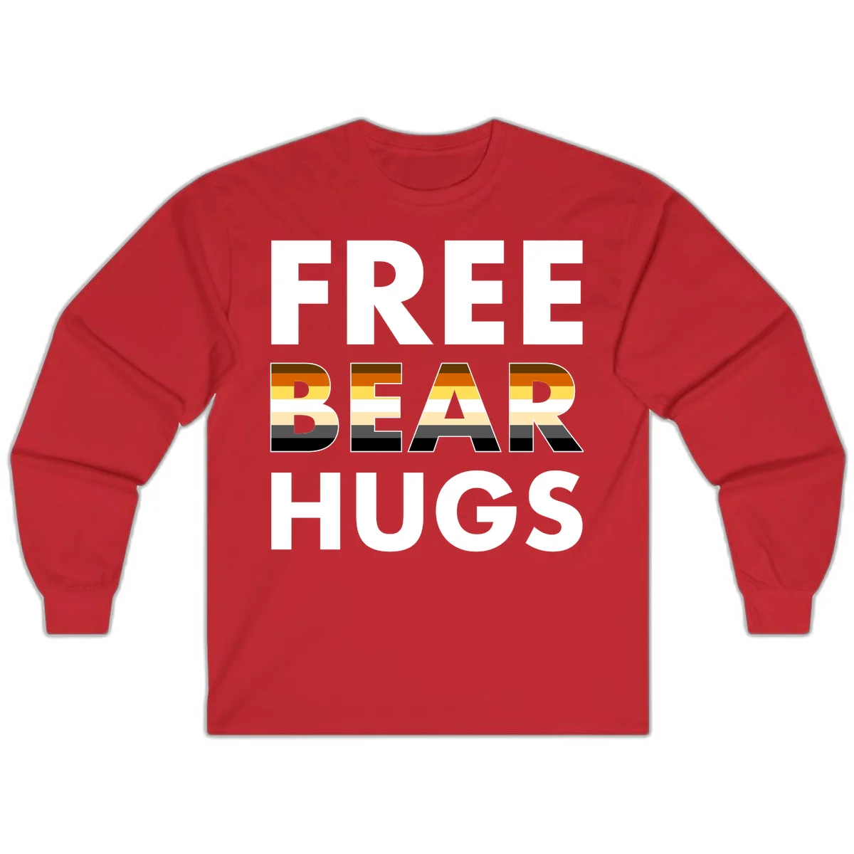 Free Bear Hugs design with bear flag stripes in brown, orange, yellow, tan and black colors featuring pride triangle symbol in Red