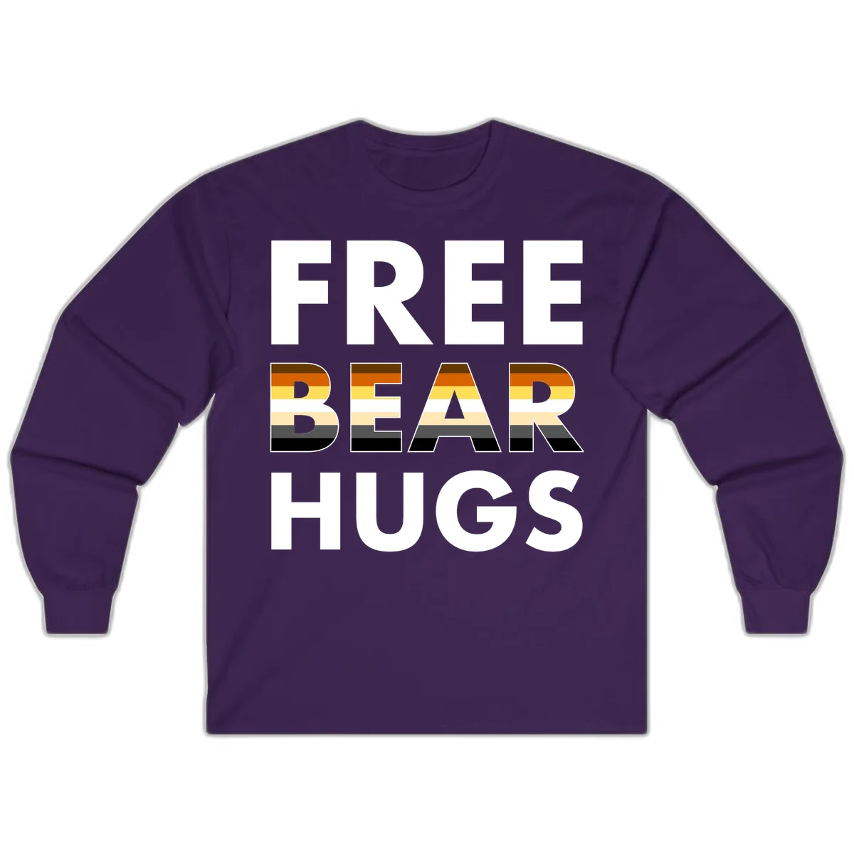 Free Bear Hugs design with bear flag stripes in brown, orange, yellow, tan and black colors featuring pride triangle symbol in Purple