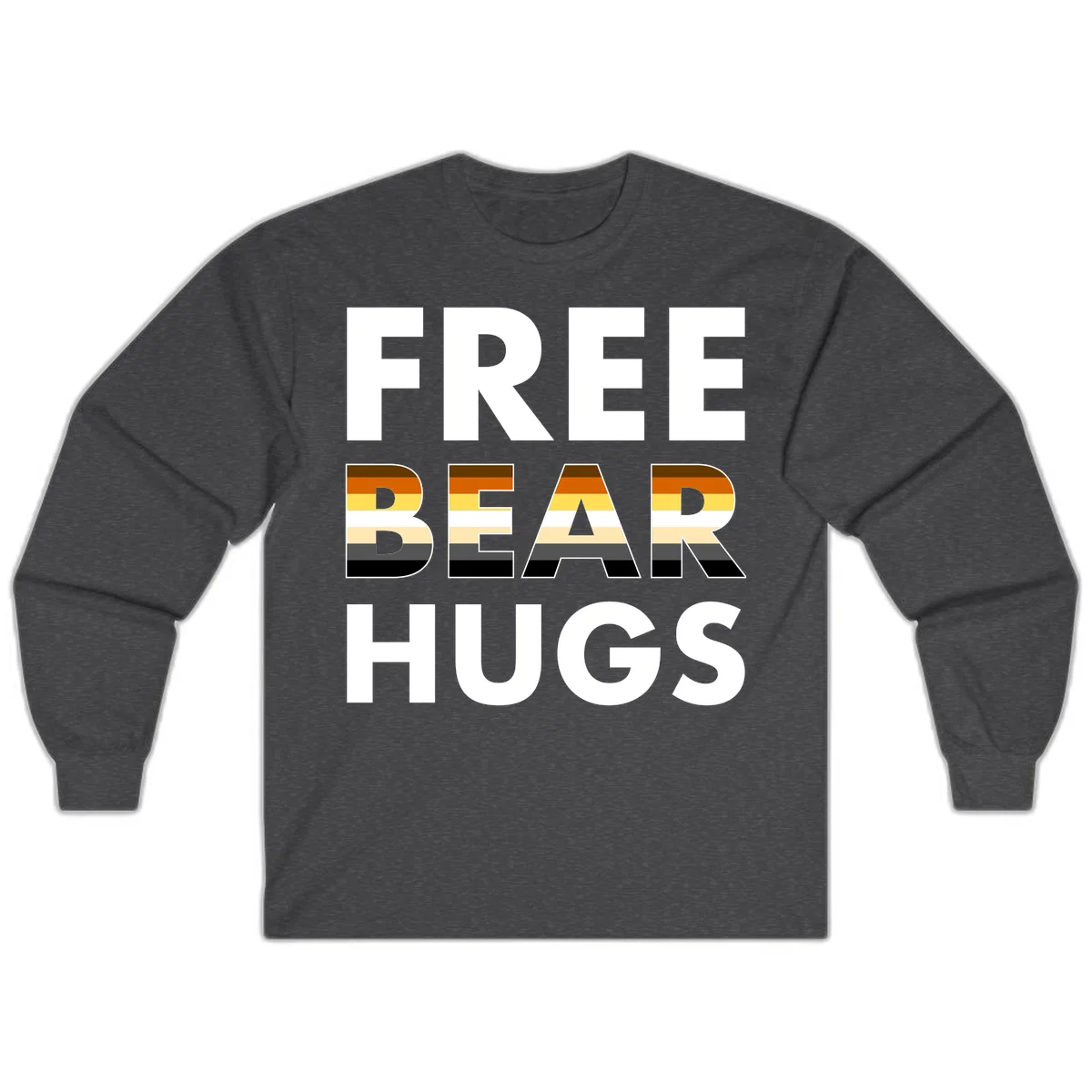 Free Bear Hugs design with bear flag stripes in brown, orange, yellow, tan and black colors featuring pride triangle symbol in Dark Heather