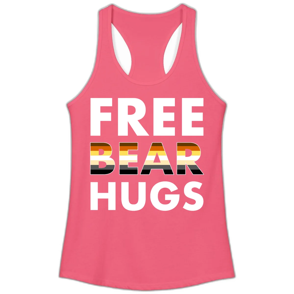Free Bear Hugs design with bear flag stripes in brown, orange, yellow, tan and black colors featuring pride triangle symbol in Hot Pink