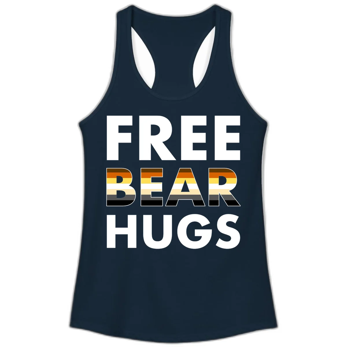 Free Bear Hugs design with bear flag stripes in brown, orange, yellow, tan and black colors featuring pride triangle symbol in Solid Midnight Navy