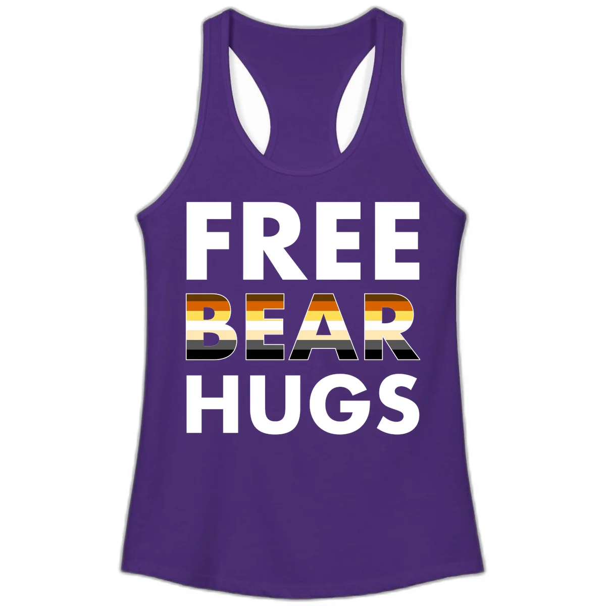 Free Bear Hugs design with bear flag stripes in brown, orange, yellow, tan and black colors featuring pride triangle symbol in Solid Purple Rush