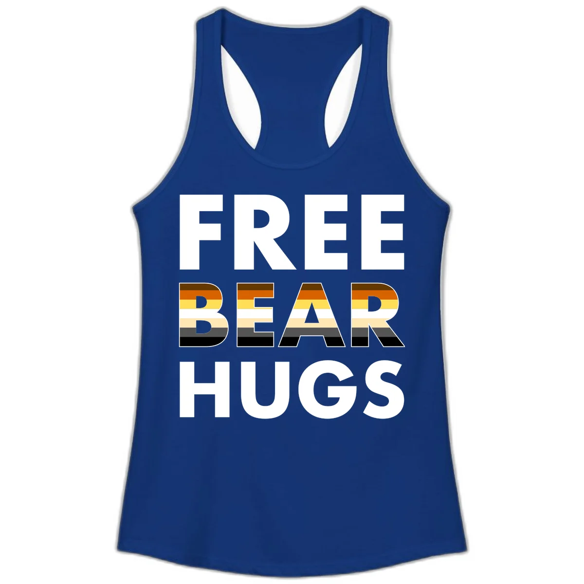 Free Bear Hugs design with bear flag stripes in brown, orange, yellow, tan and black colors featuring pride triangle symbol in Solid Royal