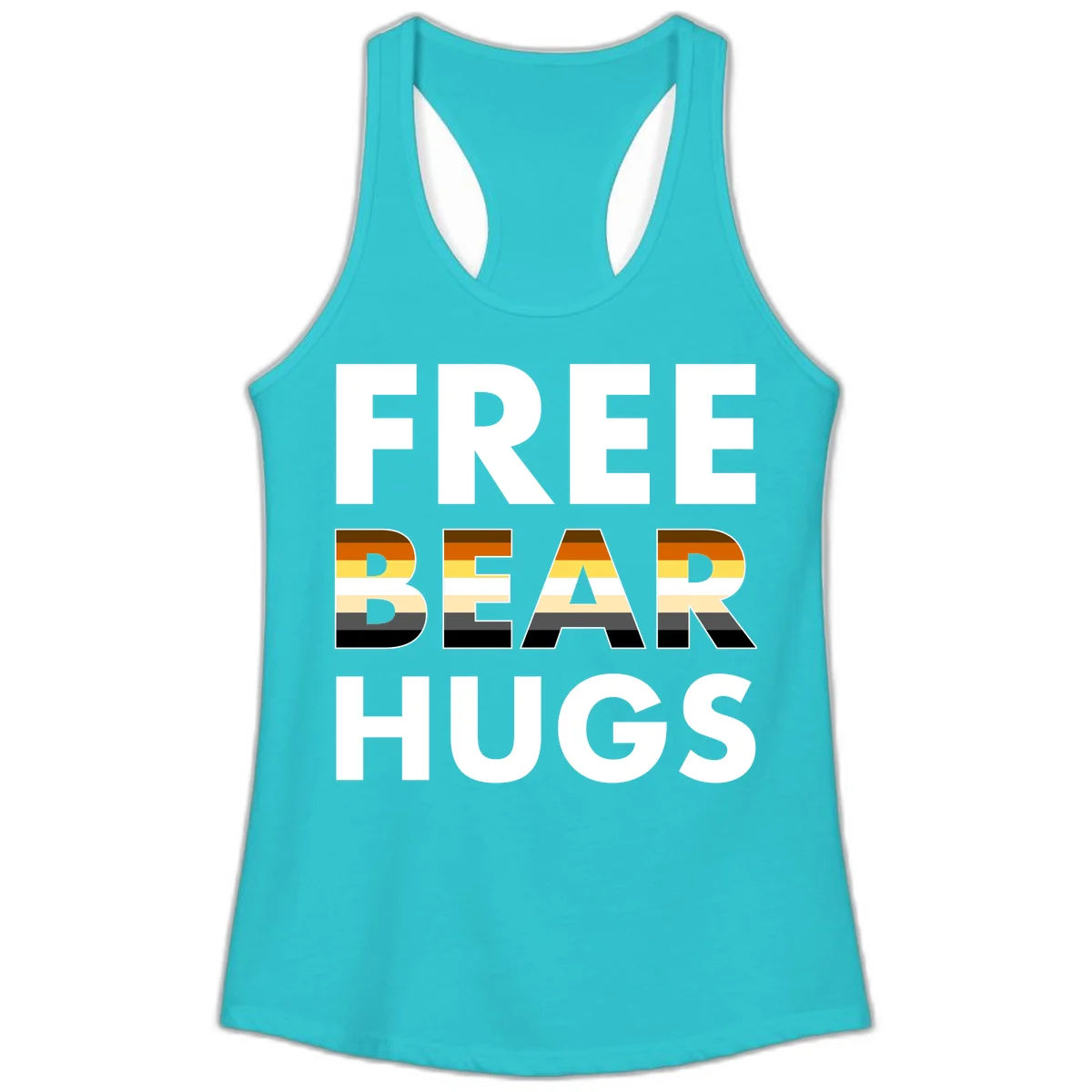 Free Bear Hugs design with bear flag stripes in brown, orange, yellow, tan and black colors featuring pride triangle symbol in Solid Tahiti Blue