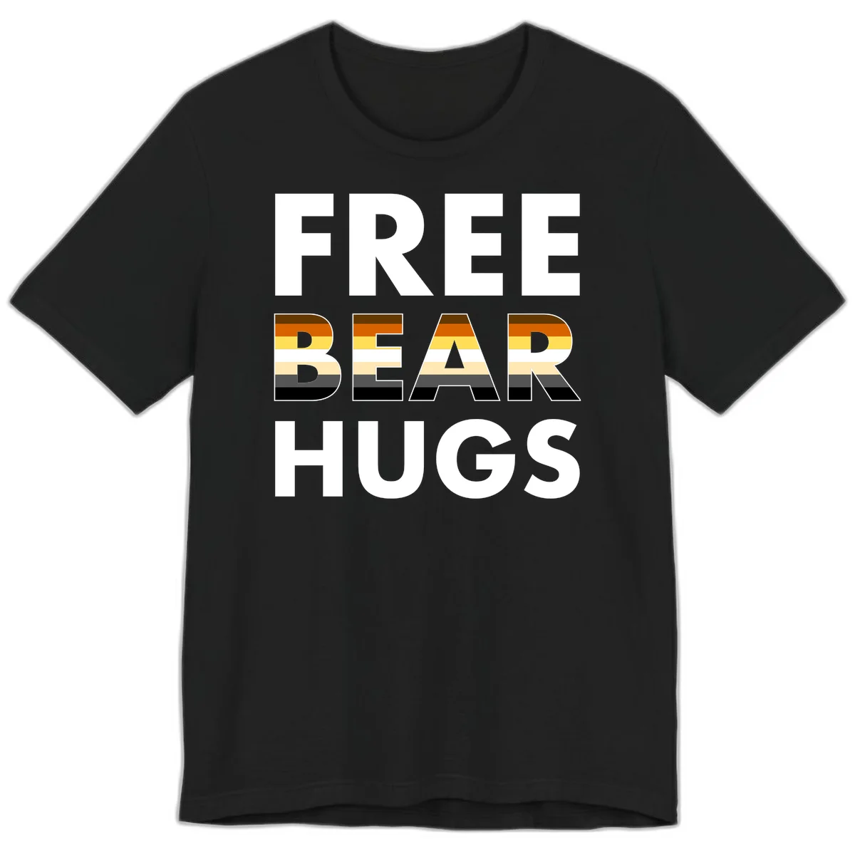 Free Bear Hugs design with bear flag stripes in brown, orange, yellow, tan and black colors featuring pride triangle symbol in Black