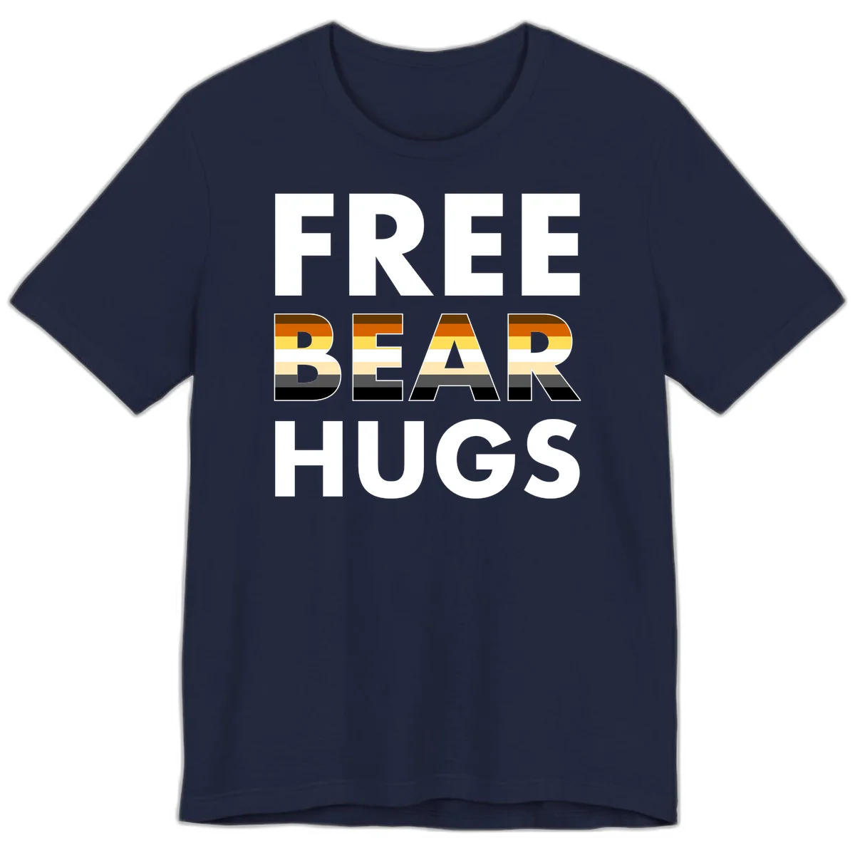 Free Bear Hugs design with bear flag stripes in brown, orange, yellow, tan and black colors featuring pride triangle symbol in Navy