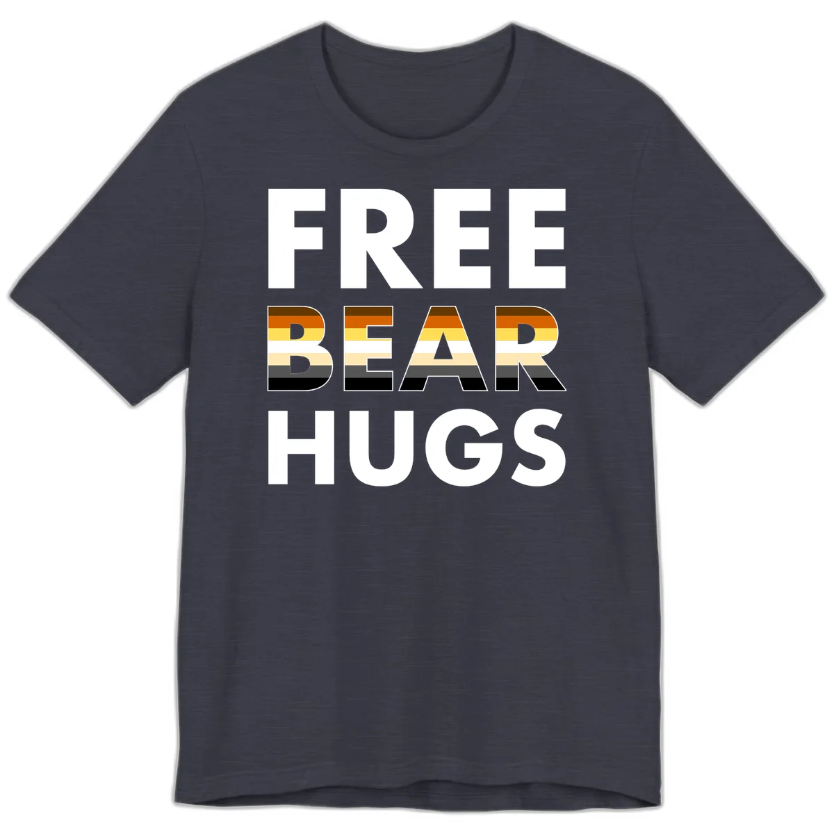 Free Bear Hugs design with bear flag stripes in brown, orange, yellow, tan and black colors featuring pride triangle symbol in Heather Midnight Navy
