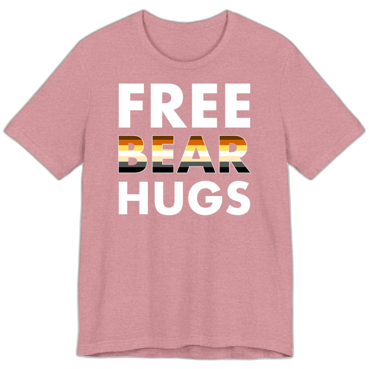 Free Bear Hugs design with bear flag stripes in brown, orange, yellow, tan and black colors featuring pride triangle symbol in Heather Orchid