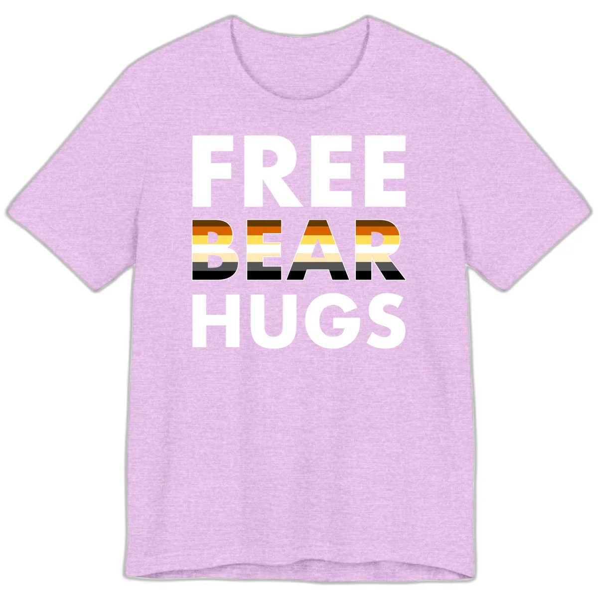 Free Bear Hugs design with bear flag stripes in brown, orange, yellow, tan and black colors featuring pride triangle symbol in Heather Prism Lilac