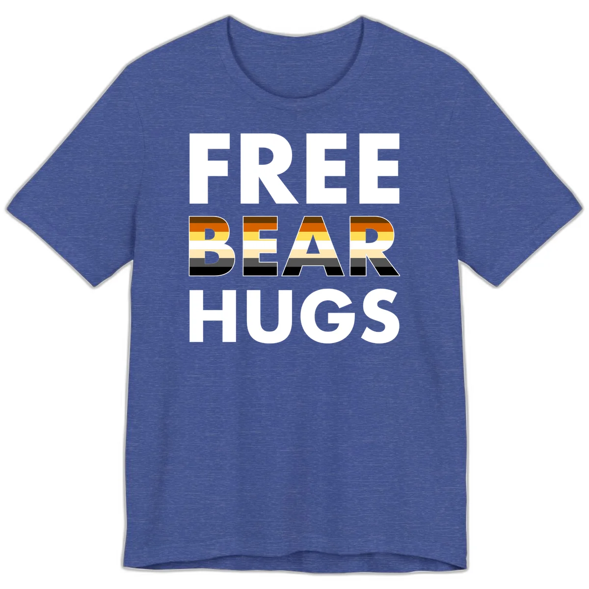 Free Bear Hugs design with bear flag stripes in brown, orange, yellow, tan and black colors featuring pride triangle symbol in Heather True Royal