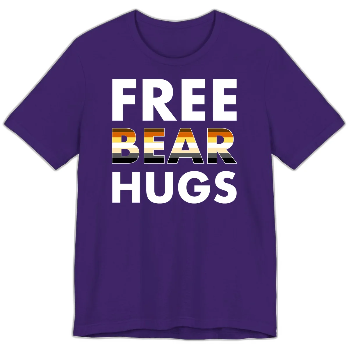 Free Bear Hugs design with bear flag stripes in brown, orange, yellow, tan and black colors featuring pride triangle symbol in Team Purple