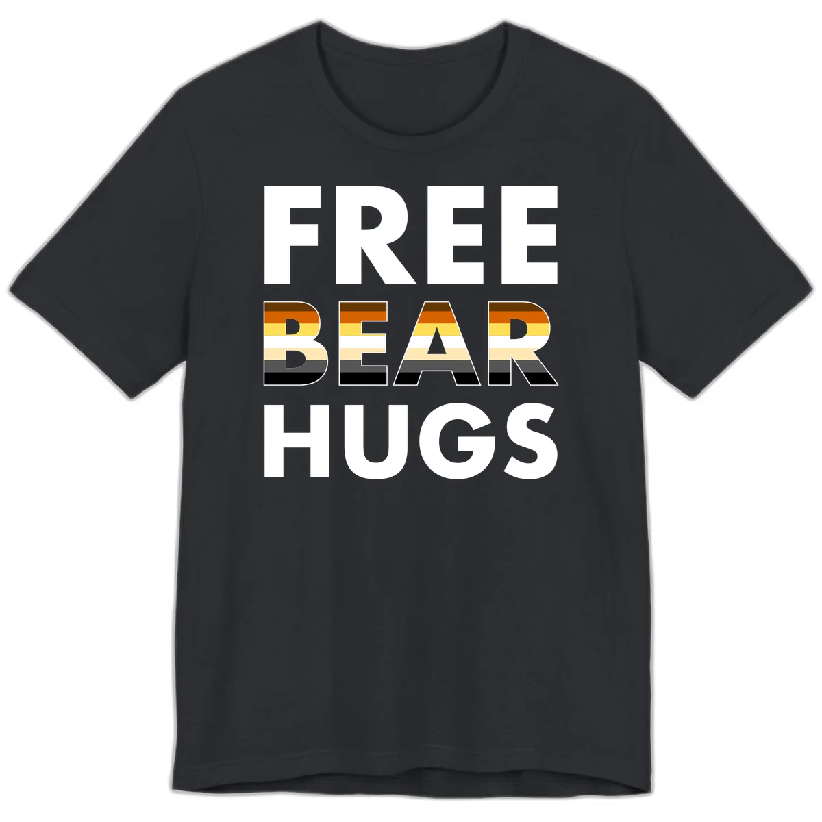 Free Bear Hugs design with bear flag stripes in brown, orange, yellow, tan and black colors featuring pride triangle symbol in Vintage Black
