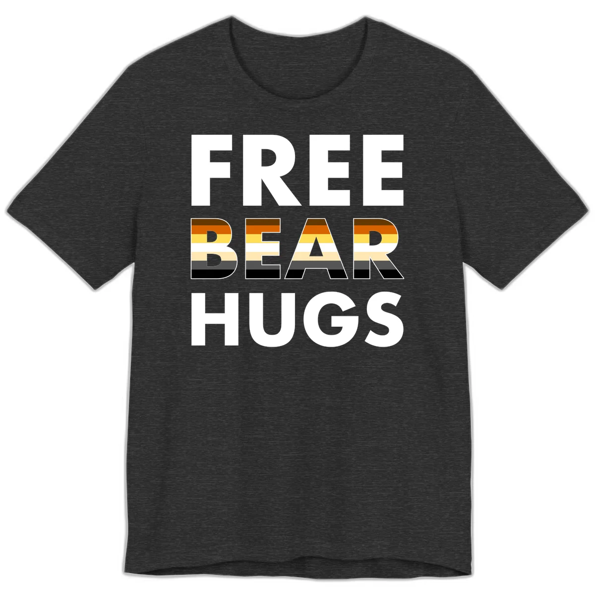 Free Bear Hugs design with bear flag stripes in brown, orange, yellow, tan and black colors featuring pride triangle symbol in Dark Grey Heather