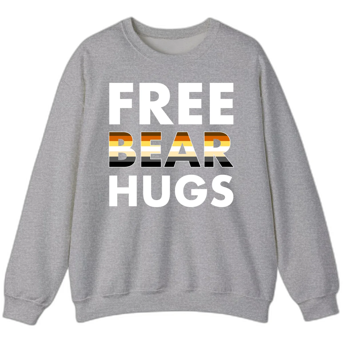 Free Bear Hugs design with bear flag stripes in brown, orange, yellow, tan and black colors featuring pride triangle symbol in Sport Grey