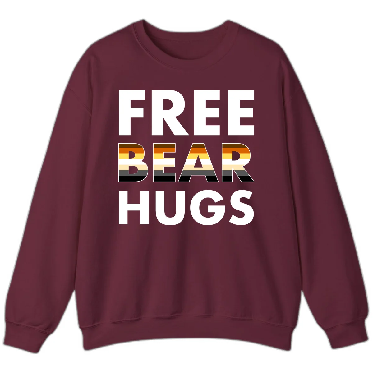 Free Bear Hugs design with bear flag stripes in brown, orange, yellow, tan and black colors featuring pride triangle symbol in Maroon