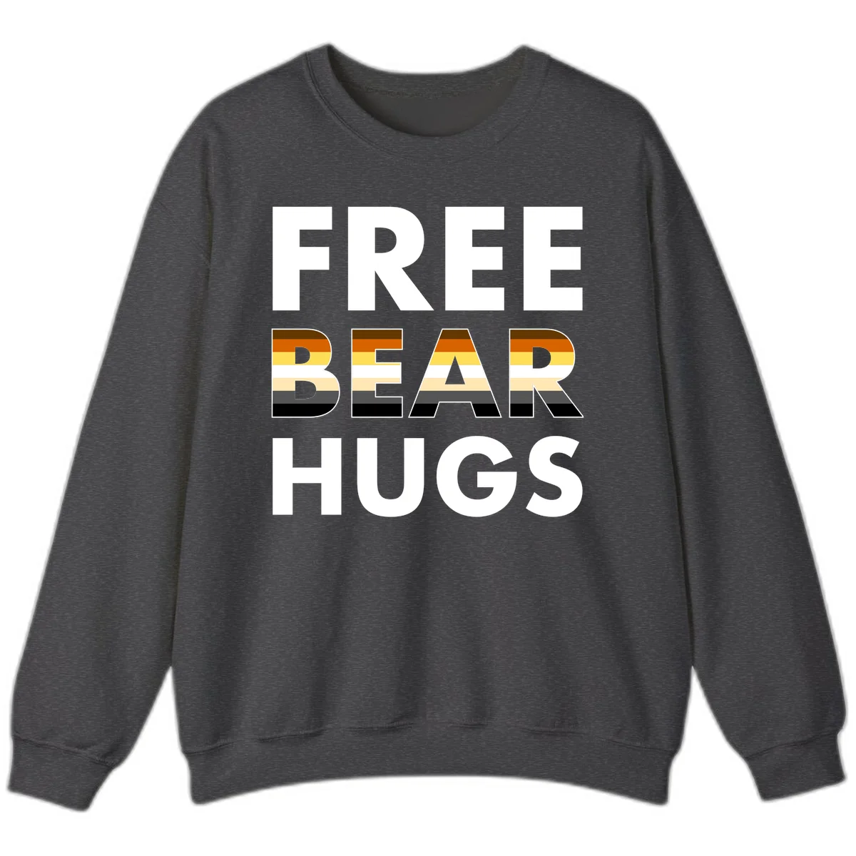 Free Bear Hugs design with bear flag stripes in brown, orange, yellow, tan and black colors featuring pride triangle symbol in Dark Heather