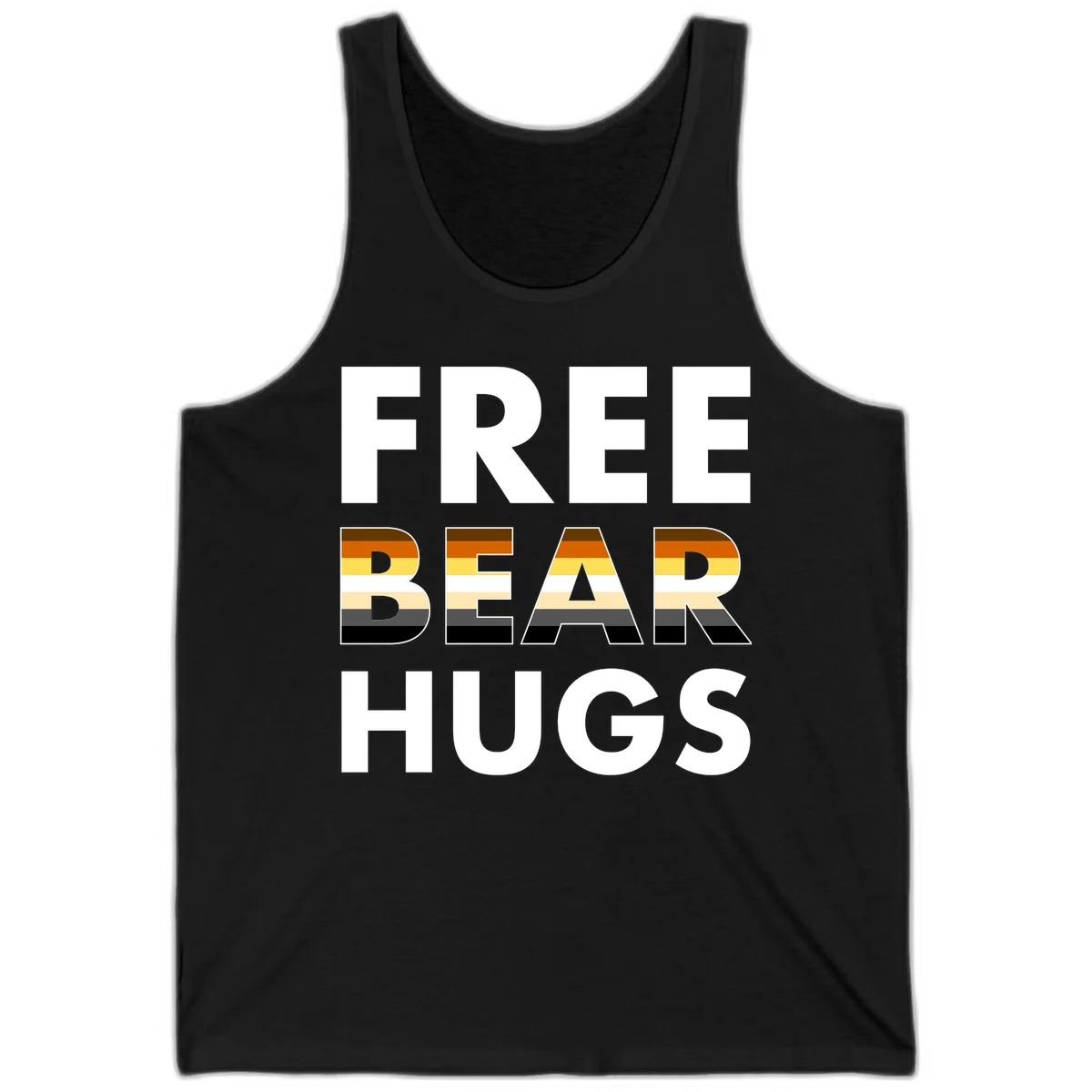 Free Bear Hugs design with bear flag stripes in brown, orange, yellow, tan and black colors featuring pride triangle symbol in Black