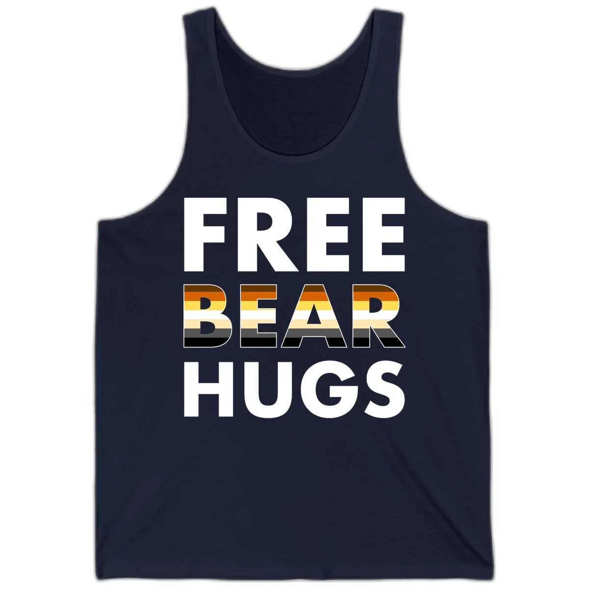 Free Bear Hugs design with bear flag stripes in brown, orange, yellow, tan and black colors featuring pride triangle symbol in Navy