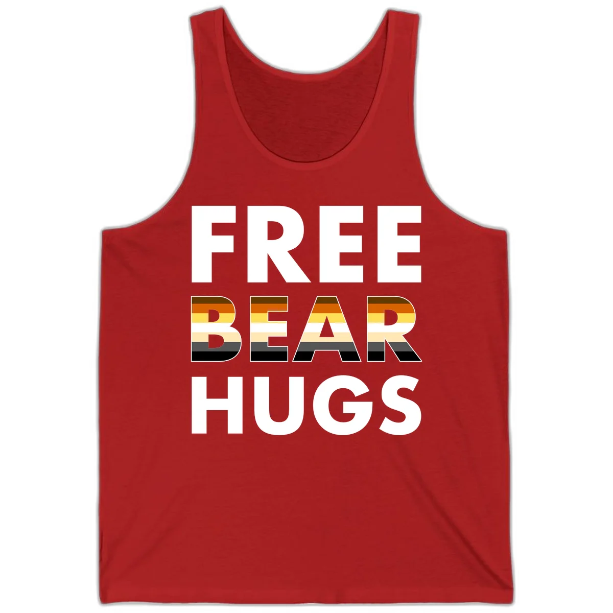 Free Bear Hugs design with bear flag stripes in brown, orange, yellow, tan and black colors featuring pride triangle symbol in Red