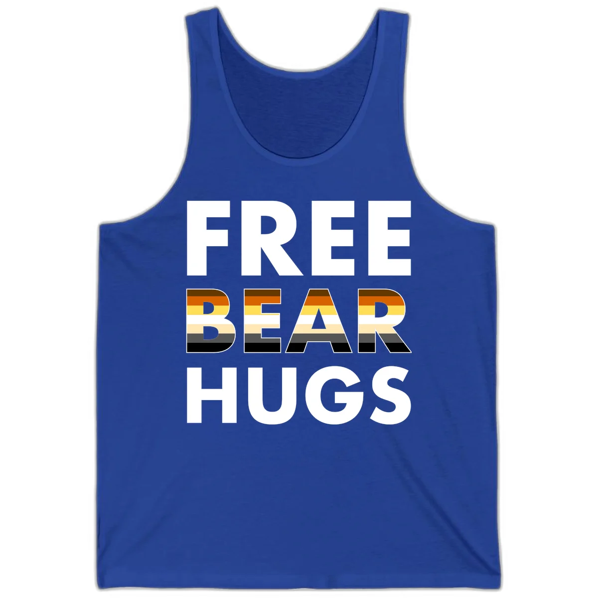 Free Bear Hugs design with bear flag stripes in brown, orange, yellow, tan and black colors featuring pride triangle symbol in True Royal